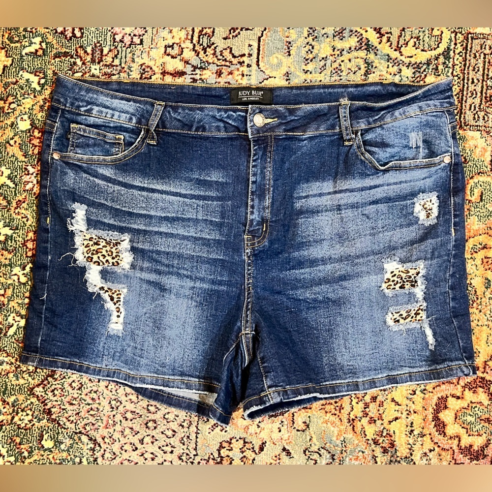 Judy Blue Dark Blue Distressed Leopard Patch Denim Shorts